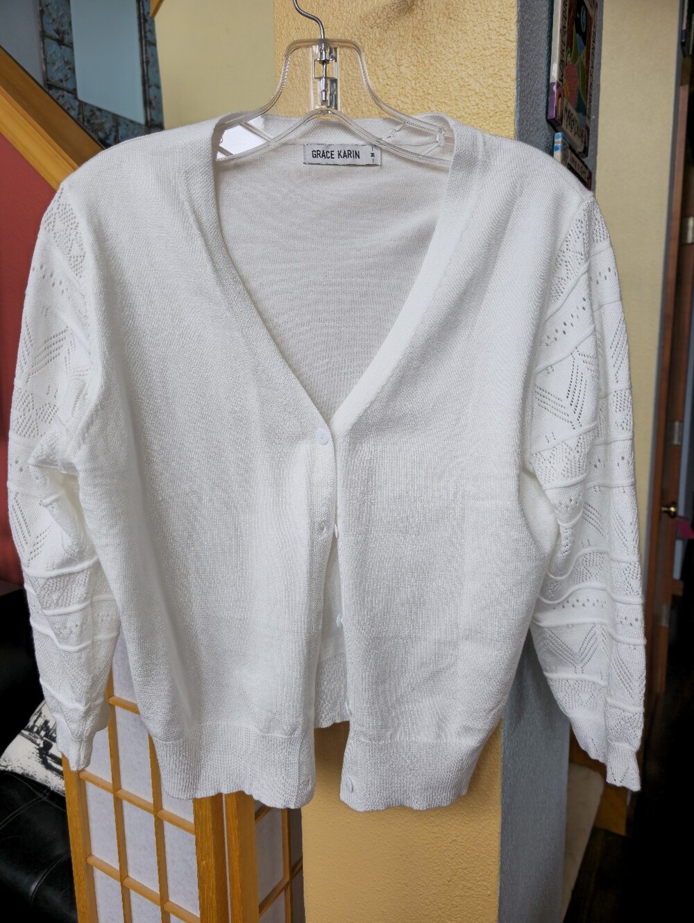 Grace Karin White 3/4 Length Sleeve White Cardigan Sweater Size Medium